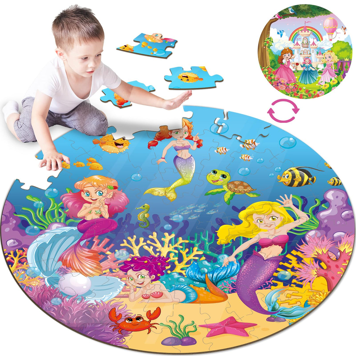 71Pcs Floor Puzzles for Kids Ages 3-5 Jigsaw Puzzles for Girls Princess Mermaid Double Sided Puzzle for Kids Castle Princess Xmas Party Supplies Mermaid Toys Educational Toys ZOIIWA