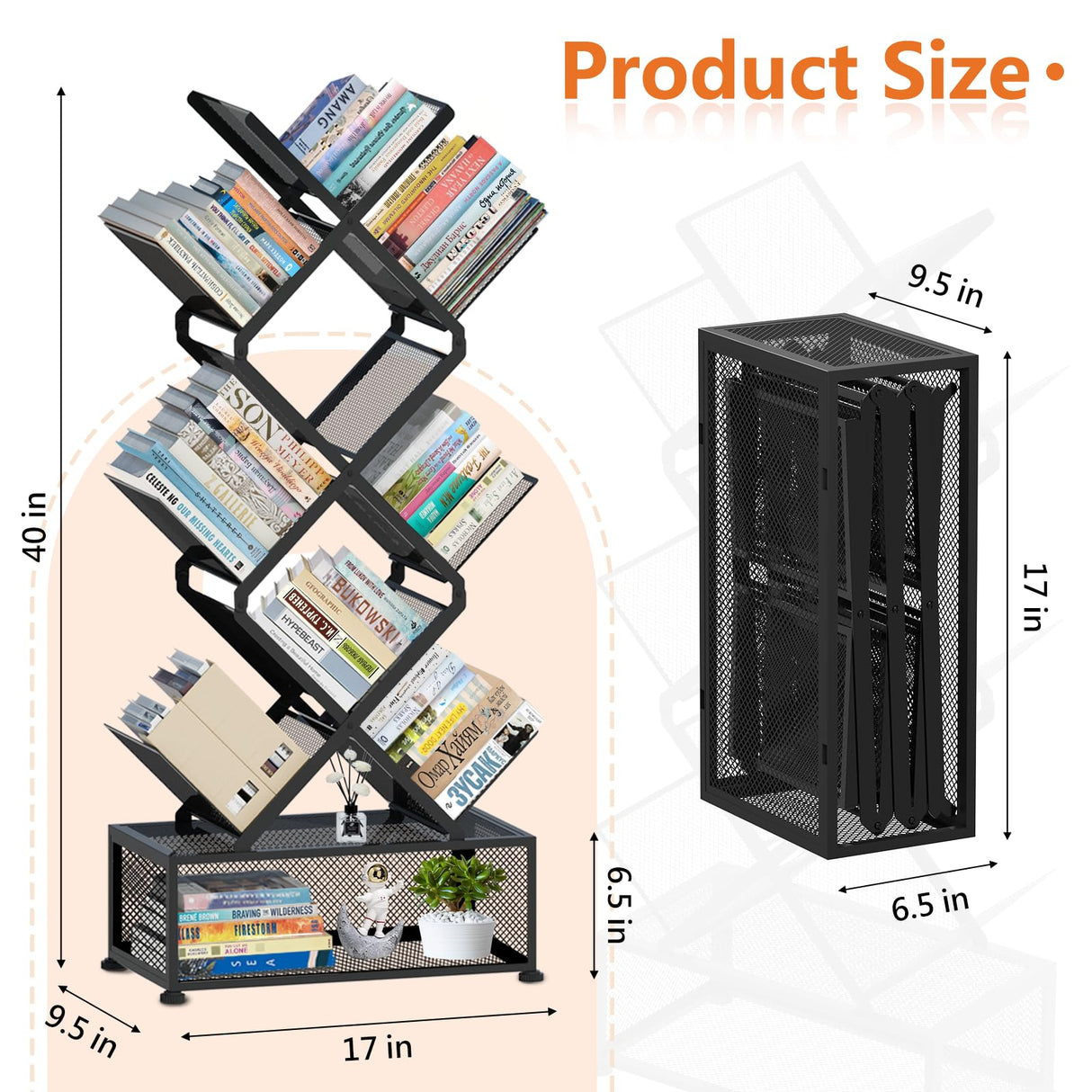 Onadak 9 Tier Folding Tree Bookshelf, Tall Bookcase with Storage Cabinet, Modern Narrow Bookshelves Organizer, Floor Standing Book Shelf for Bedroom/Living Room/Home Office/Corner (Black) Onadak