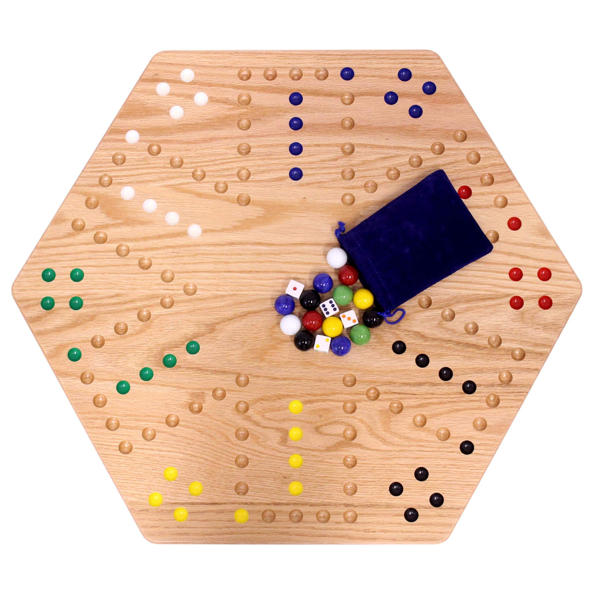 AmishToyBox.com Wahoo Wooden Marble Game Board Set - Large 24" Wide - Solid Oak Wood - Double-Sided - with Large 22mm Marbles and Dice Included AmishToyBox.com
