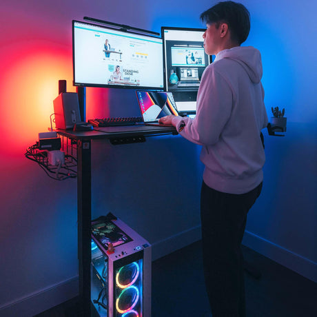 MOTIONGREY - Electric Motor Height Adjustable Standing Desk, Ergonomic Stand Up Desk, Adjustable Computer Sit Stand Desk Stand (Black + Black, 55 Inch) MOTIONGREY