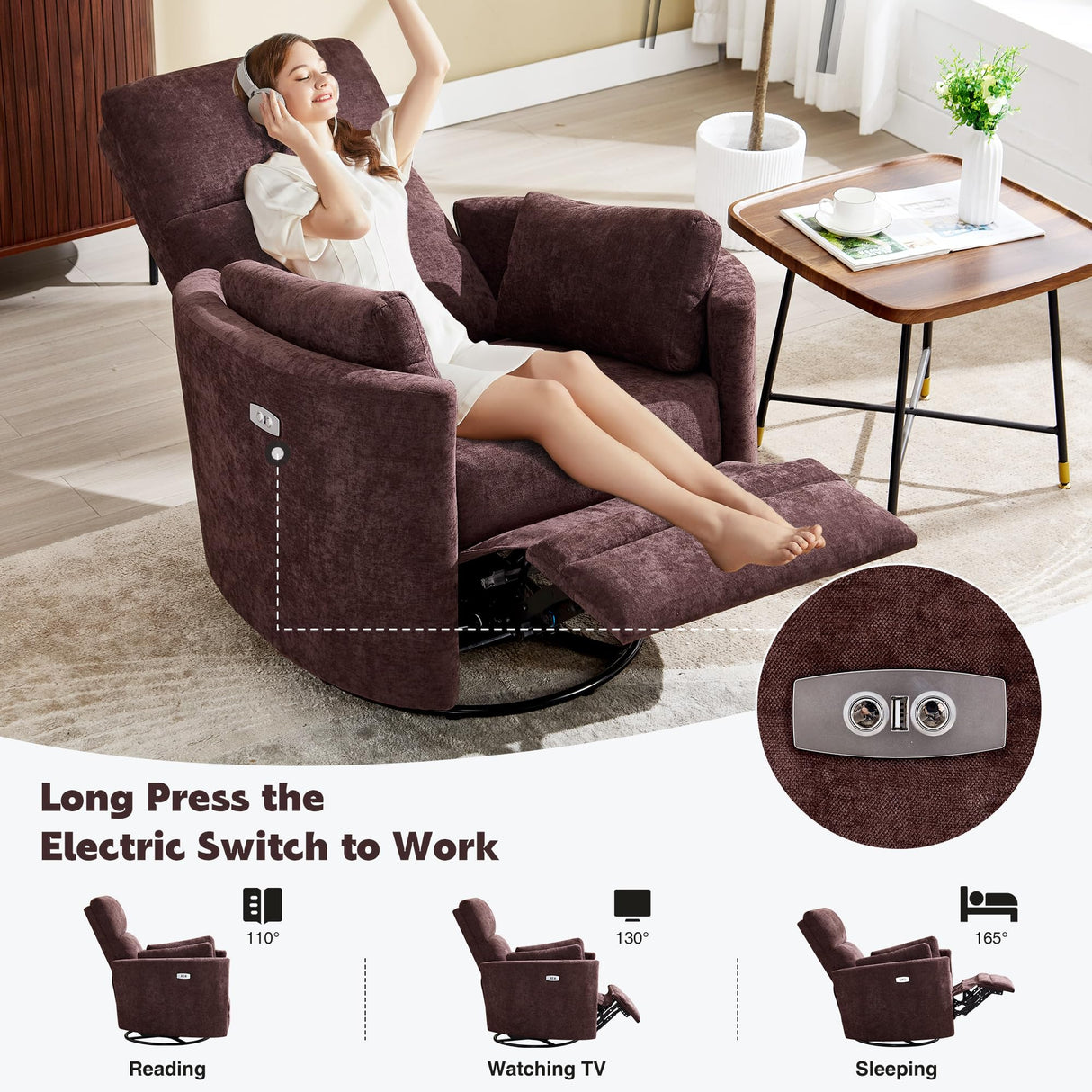 Power Swivel Glider Rocking Recliner,Electric Recliner Upholstered Nursery Chair Adult Rocking Chair with 2 Pillows for Living Room Bedroom(Coffee, Power-Driven) choairy