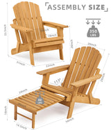 Oversized Outdoor Wooden Folding Adirondack Chair with Retractable Ottoman, Pre-Assembled BackRest & SeatBoard, Wood Patio Chair for Garden Backyard Porch Pool Deck Firepit SoliWood
