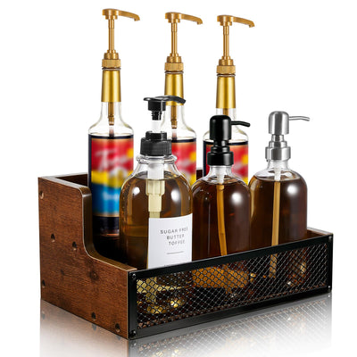 Menkxi Coffee Syrup Rack Liquor Bottle Display Shelf 6/12 Bottles Wood Liquor Shelf with Fences Liquor Cabinet for Liquor Whiskey Wine Coffee Syrup Display(2 Tier)