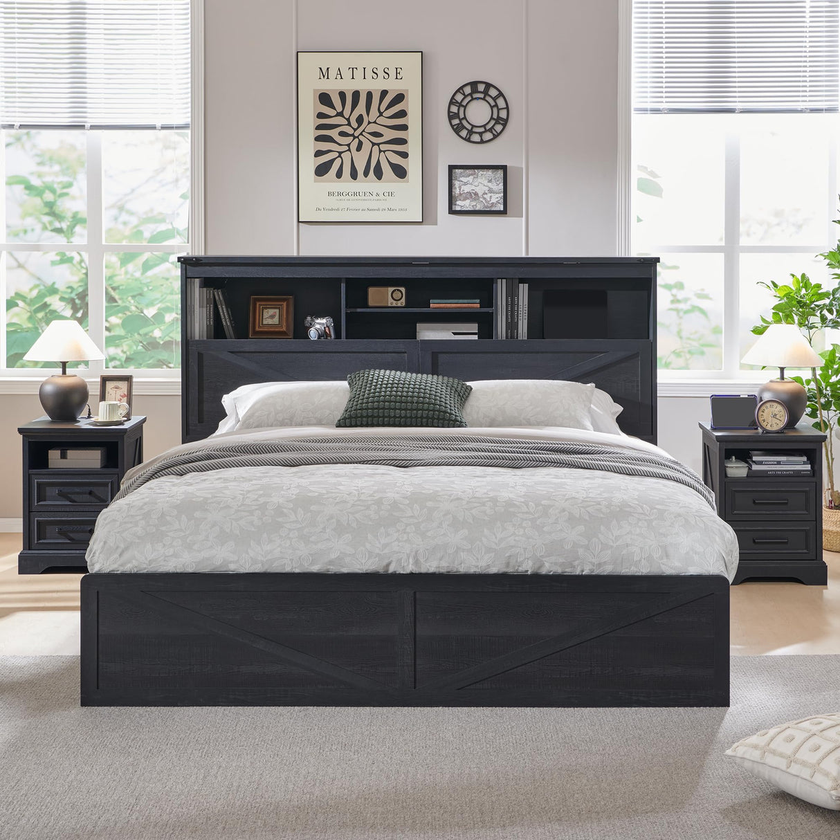 ACCOHOHO King Size Wood Bed Frame Farmhouse with 52" Tall Storage Bookcase Headboard, LED Light,Charging Station,4 Drawers and Solid Wood Slats Support,Noiseless,No Box Spring Needed - Black ACCOHOHO