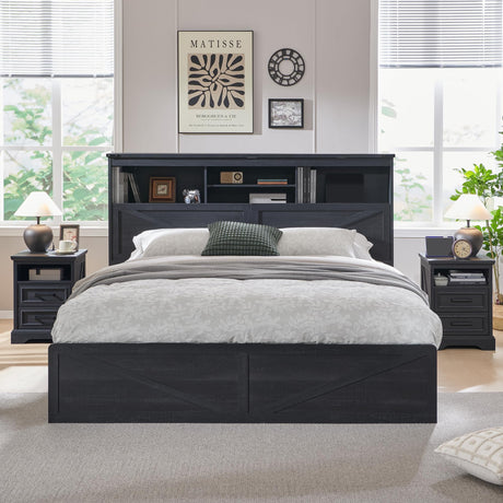 ACCOHOHO King Size Wood Bed Frame Farmhouse with 52" Tall Storage Bookcase Headboard, LED Light,Charging Station,4 Drawers and Solid Wood Slats Support,Noiseless,No Box Spring Needed - Black ACCOHOHO