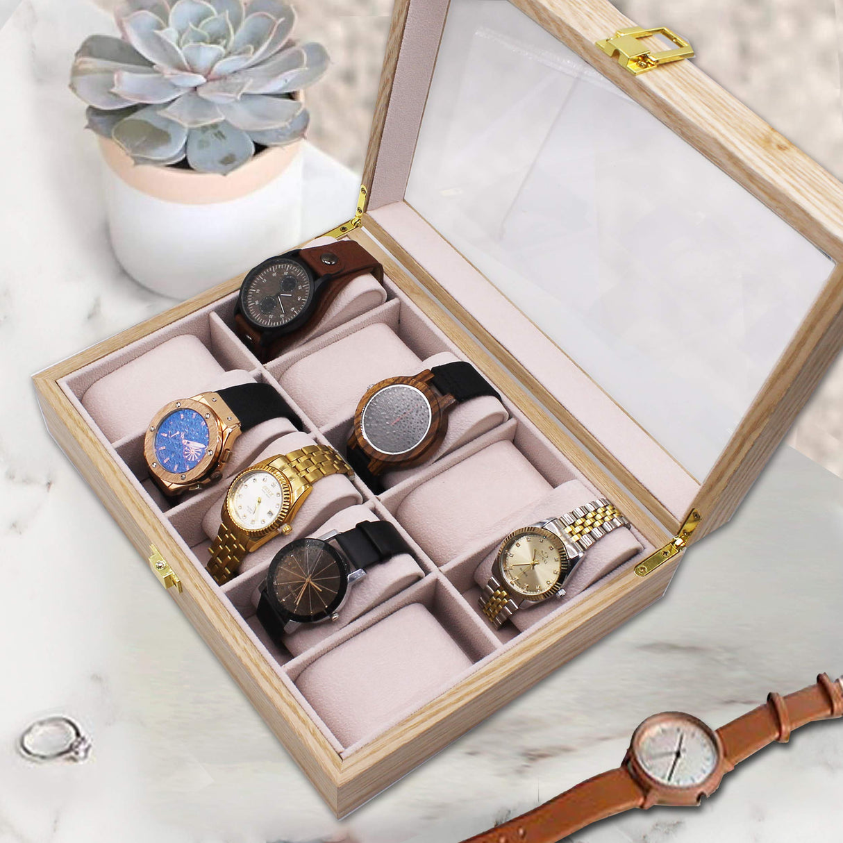 My Personal Memories Custom Personalized Watch Storage Box Glass Display Case for Men, Him, Husband - Engraved and Monogrammed (Distressed Wood) My Personal Memories