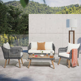 Patiorama 4 Piece Patio Furniture Set, Outdoor FSC Certified Acacia Wood Conversation Set, All-Weather Rope Sofa Set w/Coffee Table, Loveseat, Modern Deep Seating Set for Lawn Balcony Poolside, Cream Patiorama