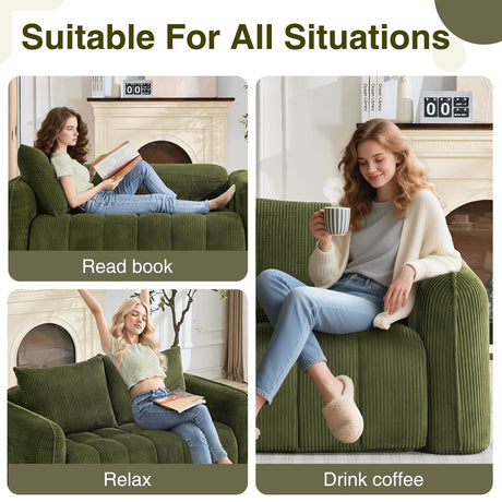AEMEIOS Boneless Loveseat Couch for Living Room, Oversized Loveseat 2 Seater with 2 Pillow for Lovers,Corduroy Boneless Cloud Sofa Loveseats in a Box for Bedroom,No Assembly Couch, Green AEMEIOS
