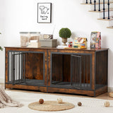 Rovibek 75'' Double Dog Crate Furniture for 2 Large Dogs, Heavy Duty Dog Crate, Furniture Style Dog Crate End Table, Wood Crates for Dogs Kennel Indoor, Decorative Dog Crate with Double Door, Brown Rovibek