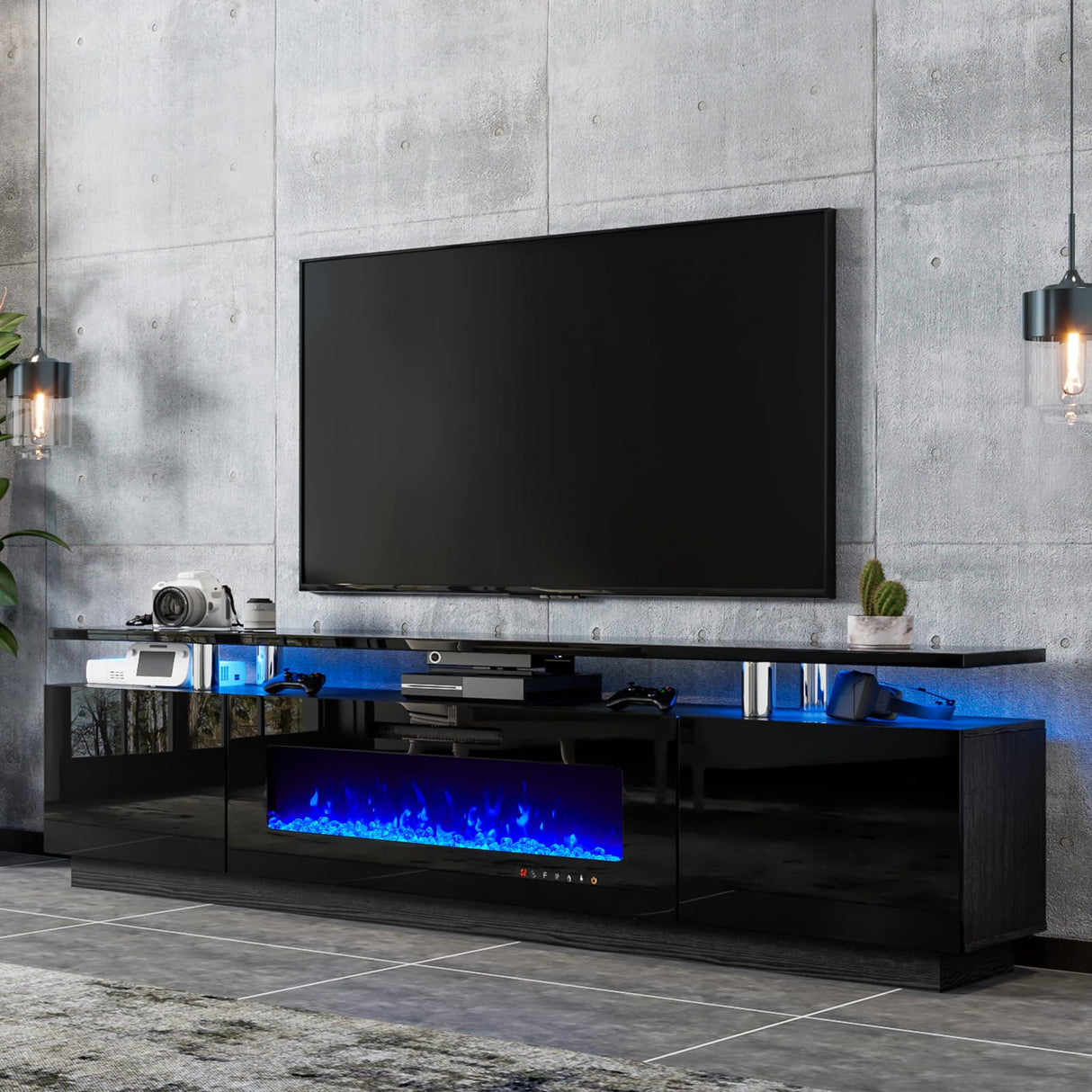 LUXOAK 80" Fireplace TV Stand, Modern High Gloss Finish Media Console with 40" Electric Fireplace, Open Storage Entertainment Center for TVs Up to 90" with LED Lights, Black LUXOAK