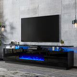 LUXOAK 80" Fireplace TV Stand, Modern High Gloss Finish Media Console with 40" Electric Fireplace, Open Storage Entertainment Center for TVs Up to 90" with LED Lights, Black LUXOAK