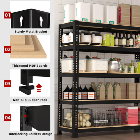 BuxWellBang 5 Tier Garage Storage Shelves - 36" W x 16" D x 72" H Heavy Duty Adjustable Shelving Unit, Metal Organizer Utility Rack for Basement, Pantry, Kitchen, Black BuxWellBang