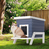 Petsfit Cat House Outdoor, Insulated High Feet + Feeding Station +Door Curtain, Wood Outside Cat House, Bunny Rabbit Hutch Blue Petsfit