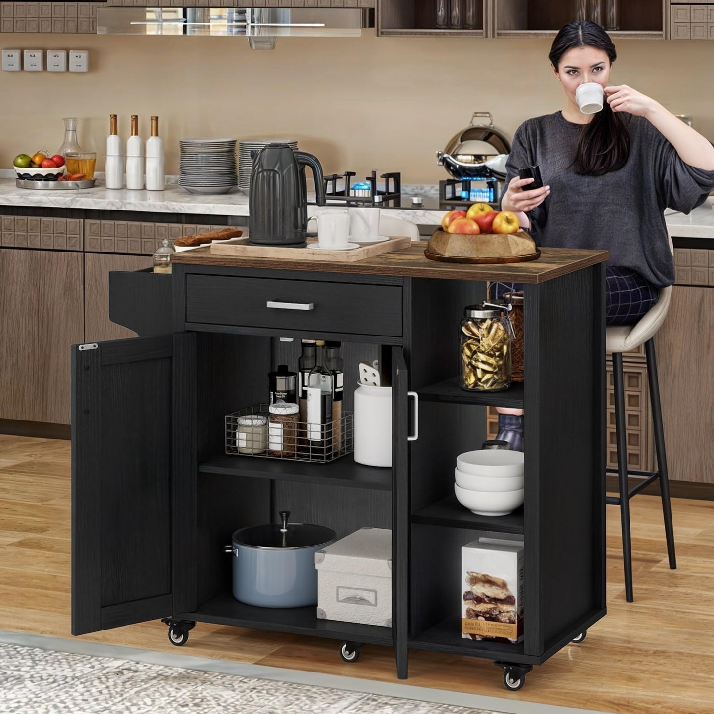 YITAHOME 37" Rolling Kitchen Island Cart with Storage, Butcher Block Island on Wheels, Mobile Kitchen Storage Carts with Shelves & Spice, Black