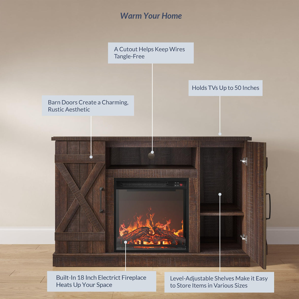 BELLEZE 47" TV Stand with 18" Electric Fireplace Heater & Media Entertainment Center Console Table for TV up to 50" with Open Storage Shelves & Cabinets - Veropeso (Espresso) BELLEZE