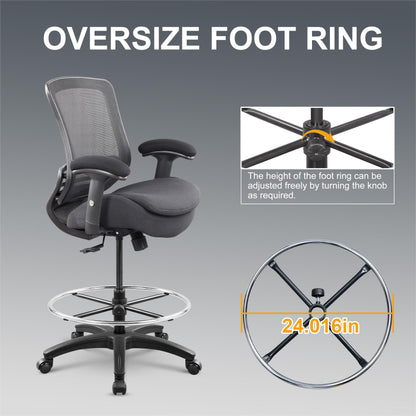 WITTLONG 400lbs Drafting Chair with Extra Seat Cushion Tall Office Chair with Soft Armrests Executive Computer Standing Desk Chair with Lumbar Support and Enlarged Adjustable Footring-Black - WoodArtSupply