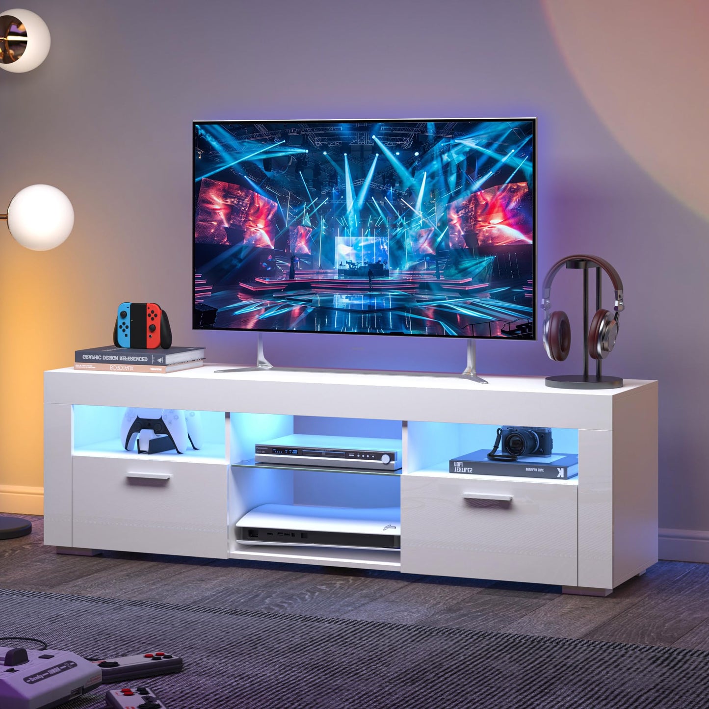 SANYOAC White TV Stand for 50/55/65 Inch TV, Entertainment Center with Led Lights, Modern TV Stands for Bedroom, TV Console with Storage and Shelves for Living Room Bedroom