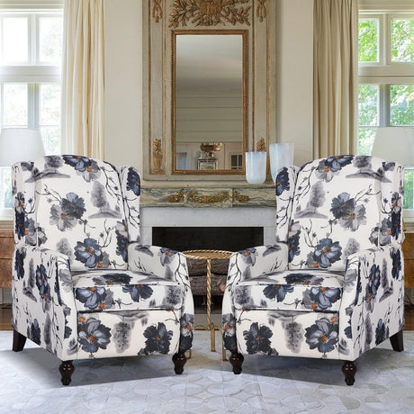 PALLOME Upholstered Wingback Recliner Chair, Mid Century Modern Manual Push Back Recliner for Living Room, Bedroom (2, Blue Floral) PALLOME