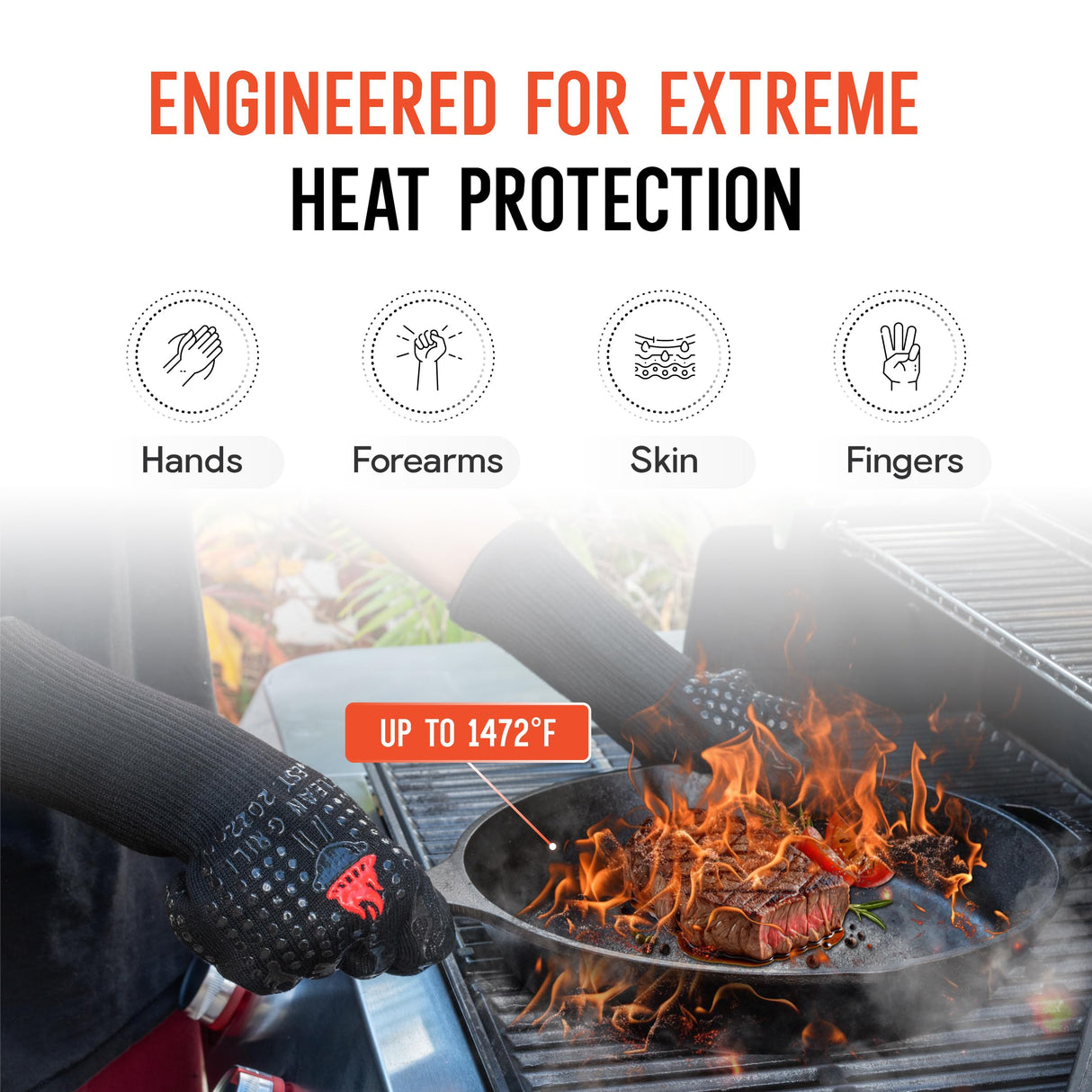 Clean Grill 1472°F Heat Resistant BBQ Gloves | Fire Resistant Silicone & Aramid Fiber for Cooking, Baking, Grilling | Extra Safety, Comfort, Non-Slip Grip, Durable, Flexible, Touchscreen Compatible CLEAN GRILL EST. 2022