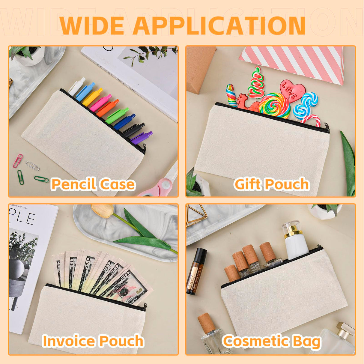pabues 14 Pieces 8 x 4.7 Inch Blank Craft DIY Canvas Pen Pencil Case- Cotton Canvas Invoice Bill Bag Makeup Bag Cosmetic Bag Multipurpose Travel Toiletry Pouch with Black Zipper pabues