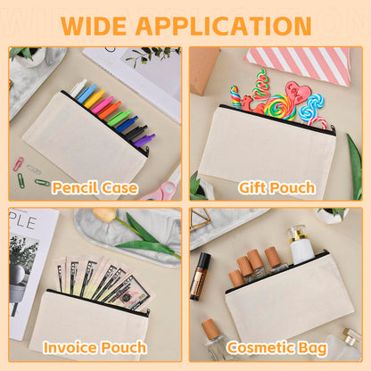 pabues 14 Pieces 8 x 4.7 Inch Blank Craft DIY Canvas Pen Pencil Case- Cotton Canvas Invoice Bill Bag Makeup Bag Cosmetic Bag Multipurpose Travel Toiletry Pouch with Black Zipper