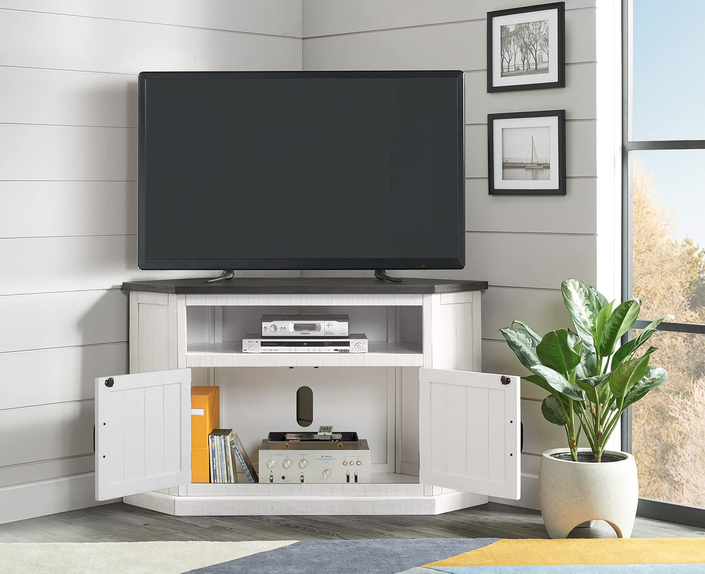 Martin Svensson Home Rustic Solid Wood Corner TV Stand, White Stain with Grey Stain Top - WoodArtSupply