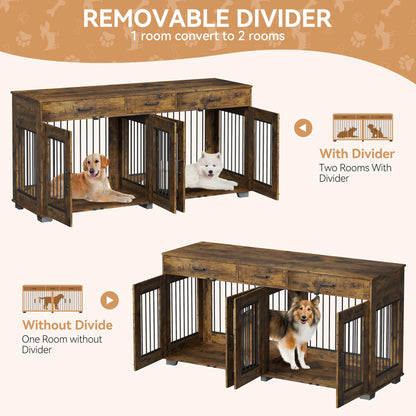 71'' Dog Crate Furniture for 2 Dogs, Wooden Double Dog Crate with 3 Drawers and Removable Room Divider, XXL Indoor Dog Kennel TV Stand End Table with Double Doors for Large Medium Dogs, Rustic Brown