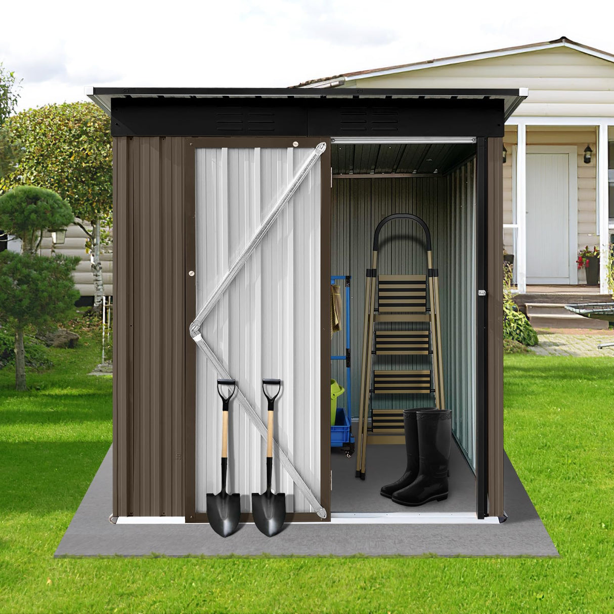 Acosure 5x4 FT Metal Outdoor Storage Shed,Lockable Garden Tool Sheds with Pitched Roof and Shutter Vents,Practical Weatherproof House for Backyard Lawn,Brown+Black Acosure