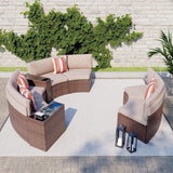 SUNSITT Outdoor Patio 8-Piece Half Moon Curved Furniture Sofa Set Brown Wicker Sectional Sofa Beige Cushions with 2 Side Table SUNSITT