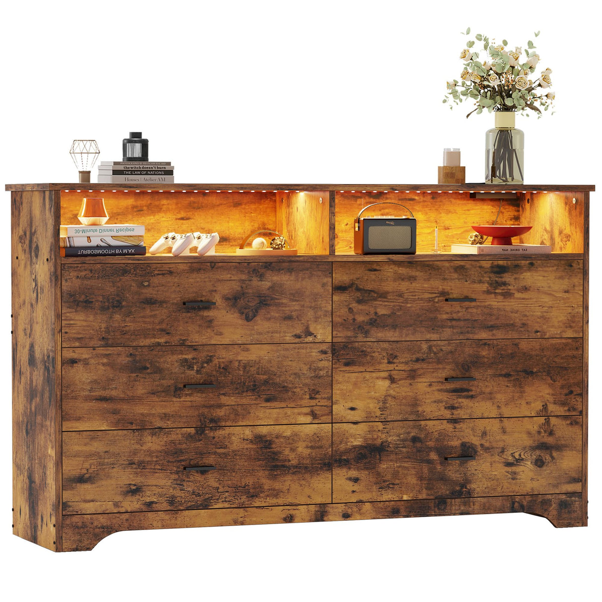 LIKIMIO 6 Drawer 59" Dresser with LED and Power Strip, Dressers & Chests of Drawers with Storage Cabinet for Bedroom, Rustic Brown LIKIMIO