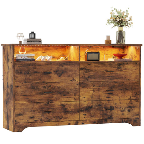 LIKIMIO 6 Drawer 59" Dresser with LED and Power Strip, Dressers & Chests of Drawers with Storage Cabinet for Bedroom, Rustic Brown LIKIMIO