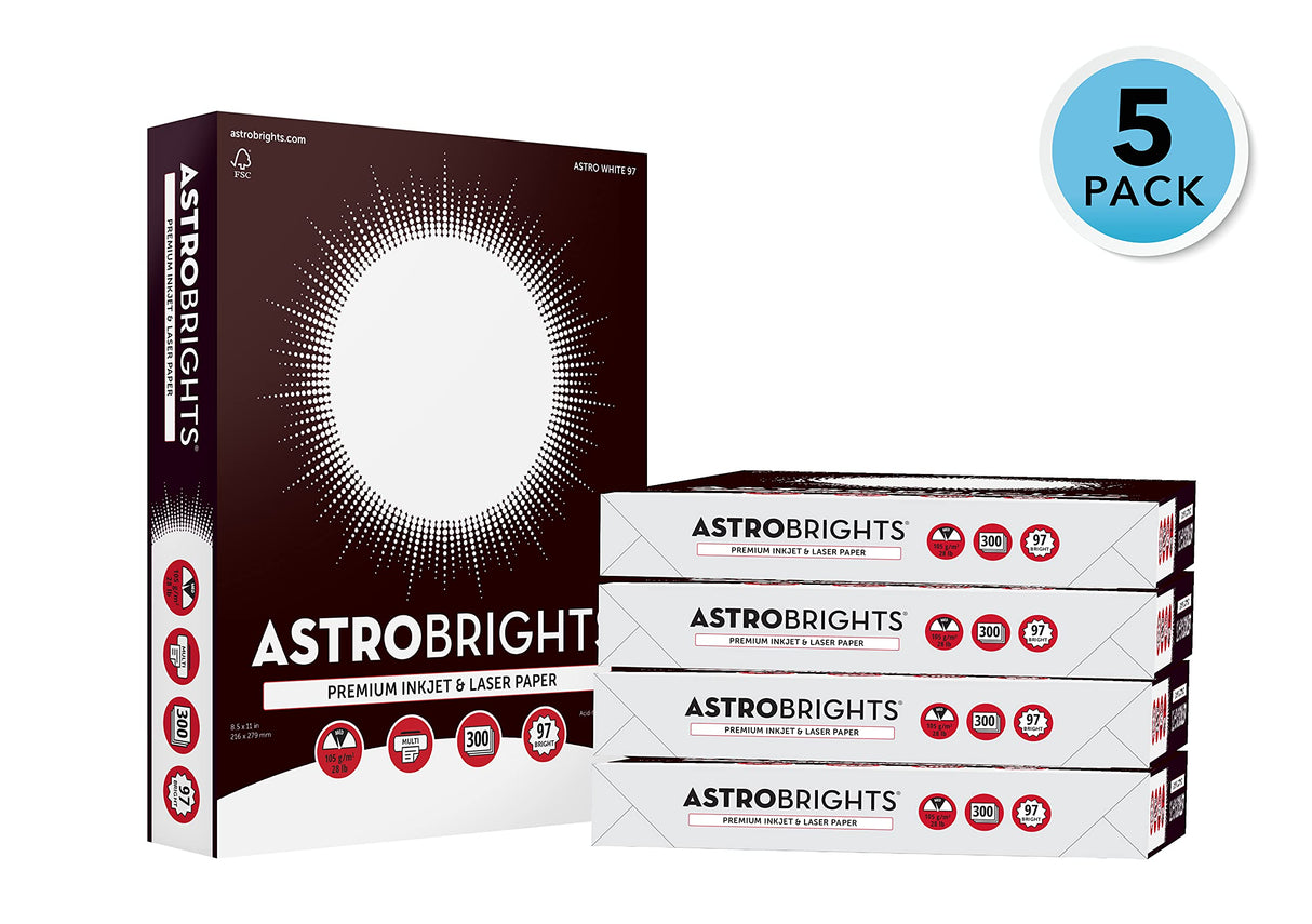 Astrobrights® Printer & Copy Paper, 8.5" x 11", 28lb/105gsm, 97 Brightness, White, 5 reams of 300 sheets per ream, 1,500 sheets per carton (91738-01) Astrobrights