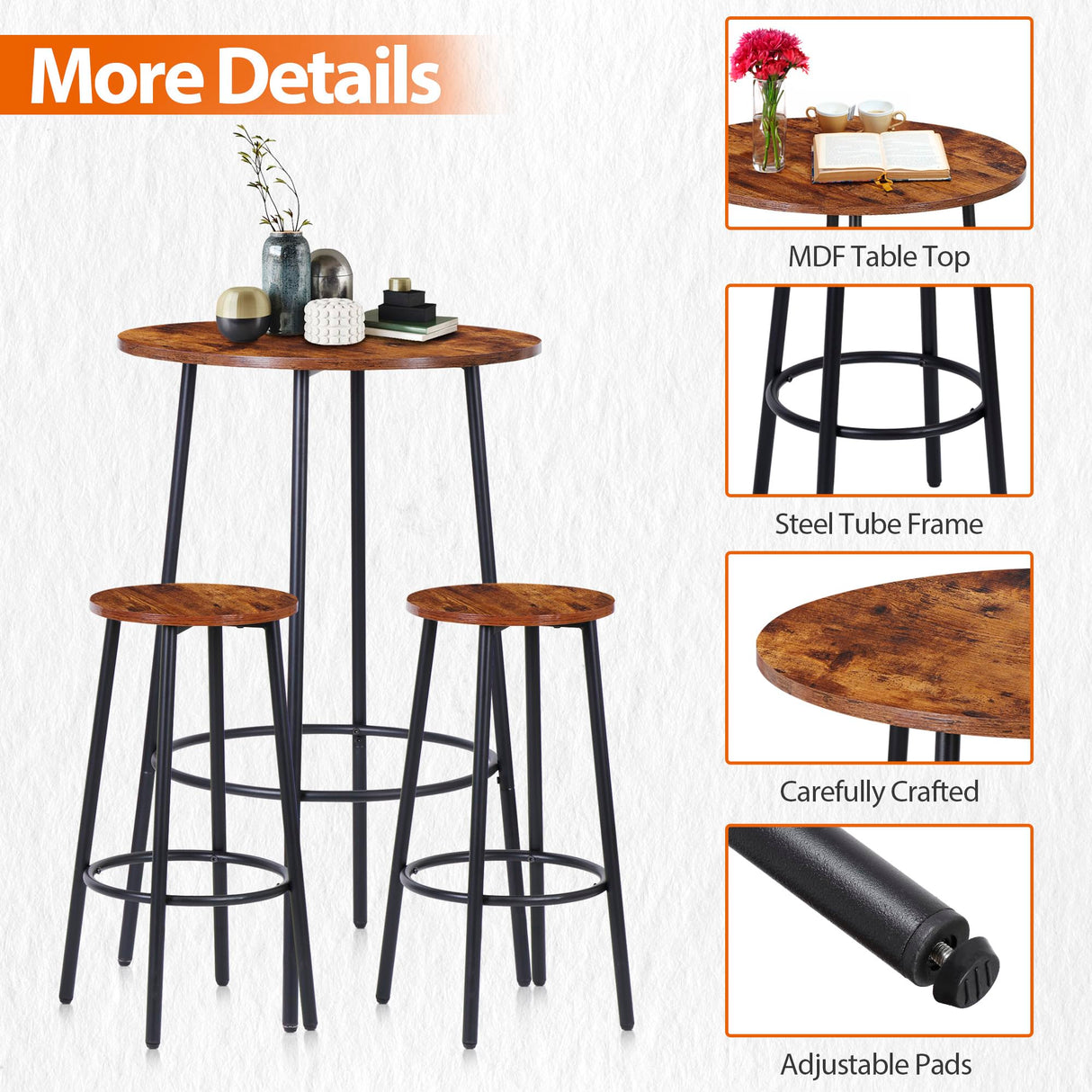 SUPER DEAL Round Pub Dining Set, 3 Piece Small Kitchen Table Set with 2 Counter Height Wood Bar Stools for Kitchen Breakfast, Living Room, Small Space, Rustic Brown SUPER DEAL