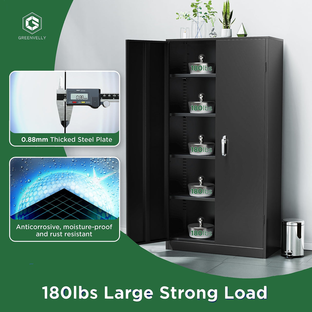 Greenvelly Metal Garage Storage Cabinet with Doors and Adjustable Shelves,72" Black Steel Lockable File Cabinet, Metal Tool Cabinets,Locking for Home Office,Garage,School(16" D x 32" W) Greenvelly