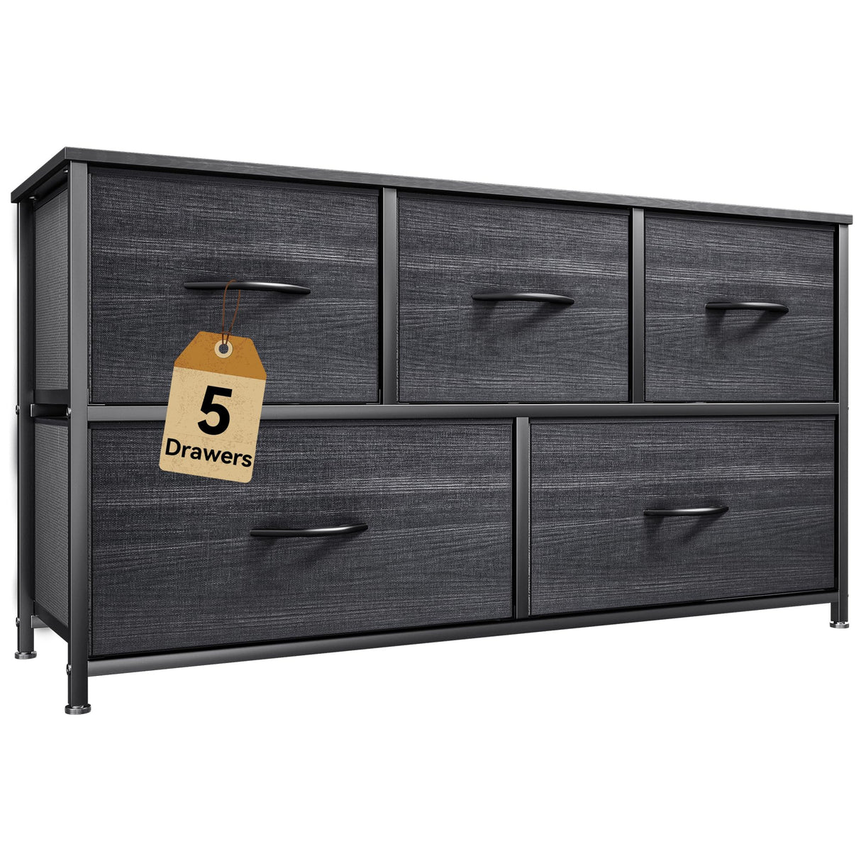 DWVO Dresser with 5 Drawers - Fabric Storage Tower, Organizer Unit for Bedroom, Living Room, Closets - Sturdy Steel Frame, Wooden Top DWVO