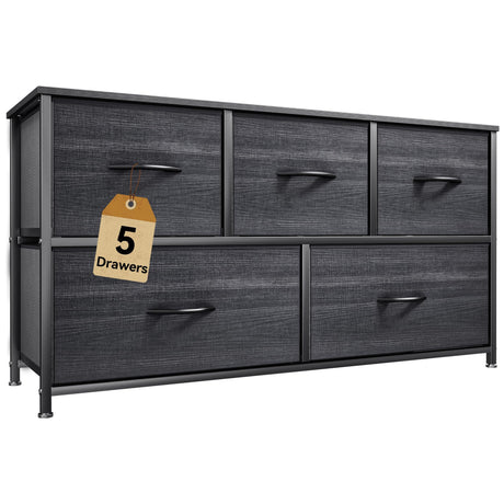 DWVO Dresser with 5 Drawers - Fabric Storage Tower, Organizer Unit for Bedroom, Living Room, Closets - Sturdy Steel Frame, Wooden Top DWVO