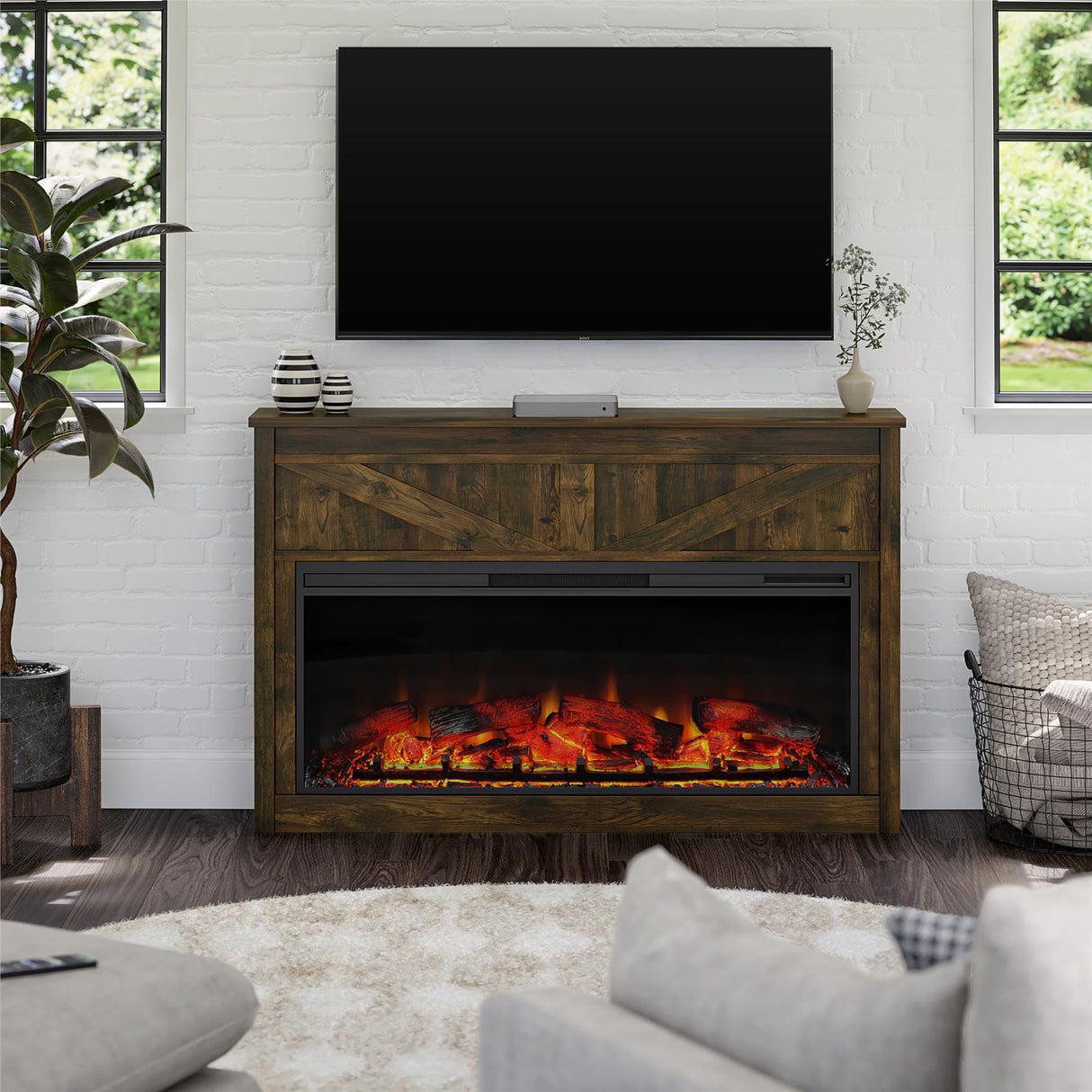 Ameriwood Home Farmington Wide Modern Farmhouse Mantel with Electric Fireplace, 49", Century Barn Pine Ameriwood Home