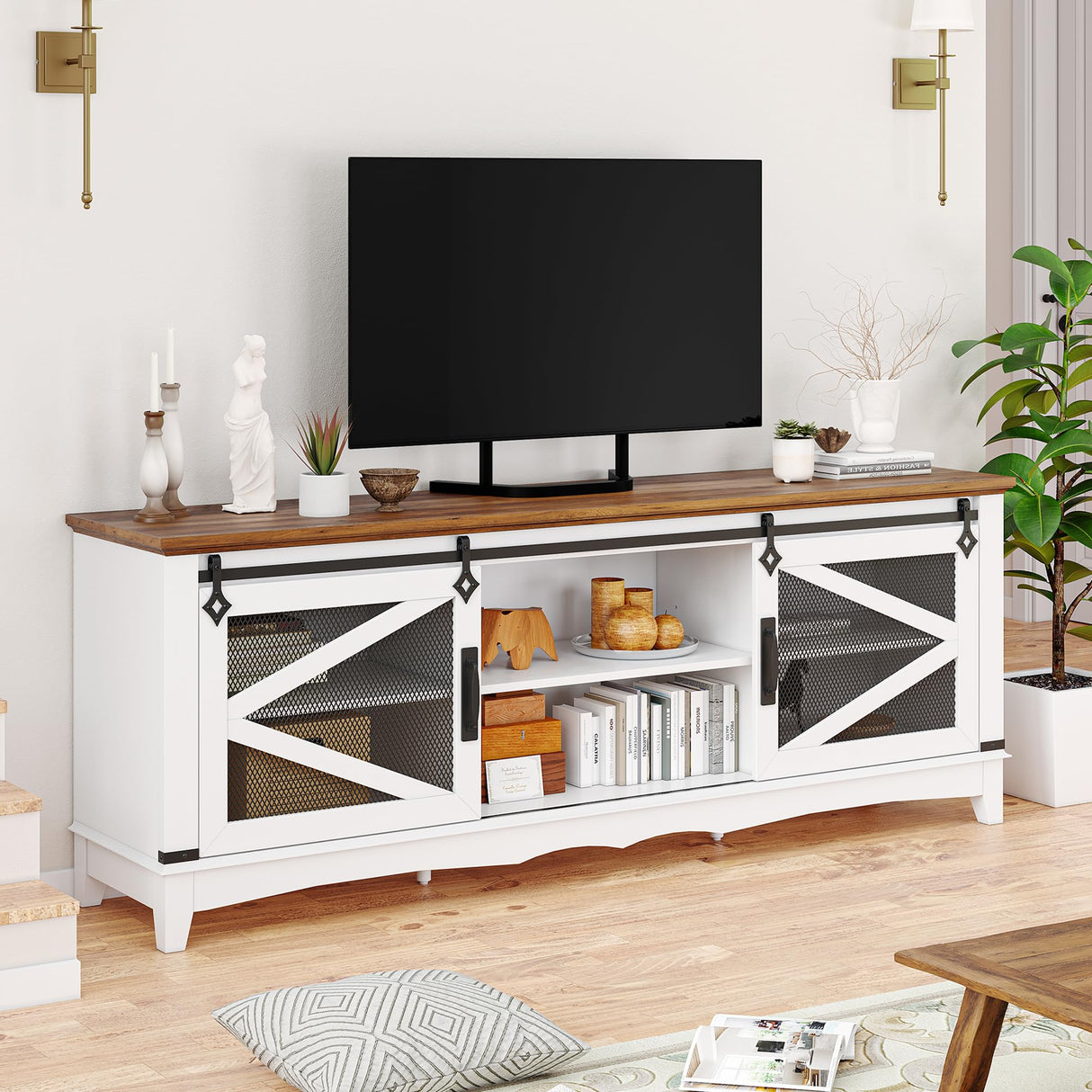 IDEALHSOUE Farmhouse TV Stand 75 Inch Entertainment Center White TV Console Modern Media Furniture Wood TV Console Cabinet with Sliding Barn Door and Adjustable Shelf for Living Room Bedroom IDEALHOUSE