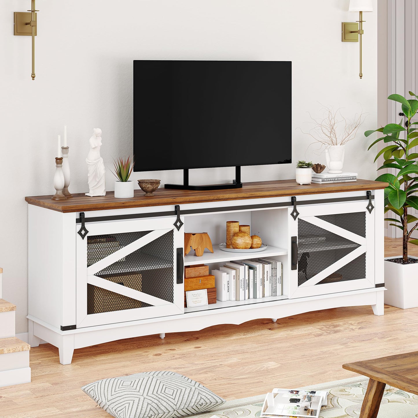 IDEALHSOUE Farmhouse TV Stand 75 Inch Entertainment Center White TV Console Modern Media Furniture Wood TV Console Cabinet with Sliding Barn Door and Adjustable Shelf for Living Room Bedroom