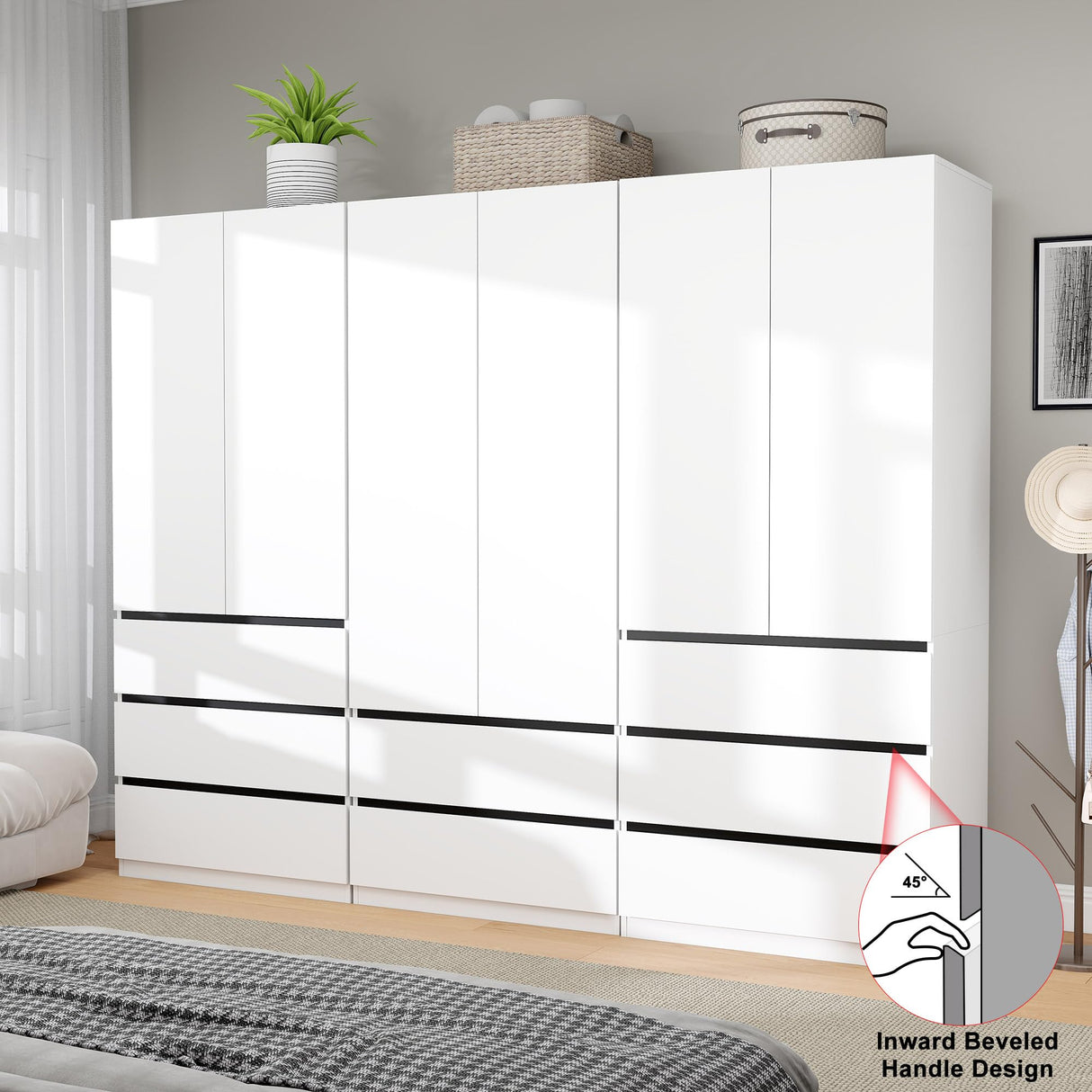LABROSKIA Wardrobe Closet with 6 Doors: 75" White Armoire with 8 Drawers, Wooden Wardrobe for Hanging Clothes, Tall Storage Cabinet with Shelves and Hanging Rod (B+B+A, 94.5") LABROSKIA