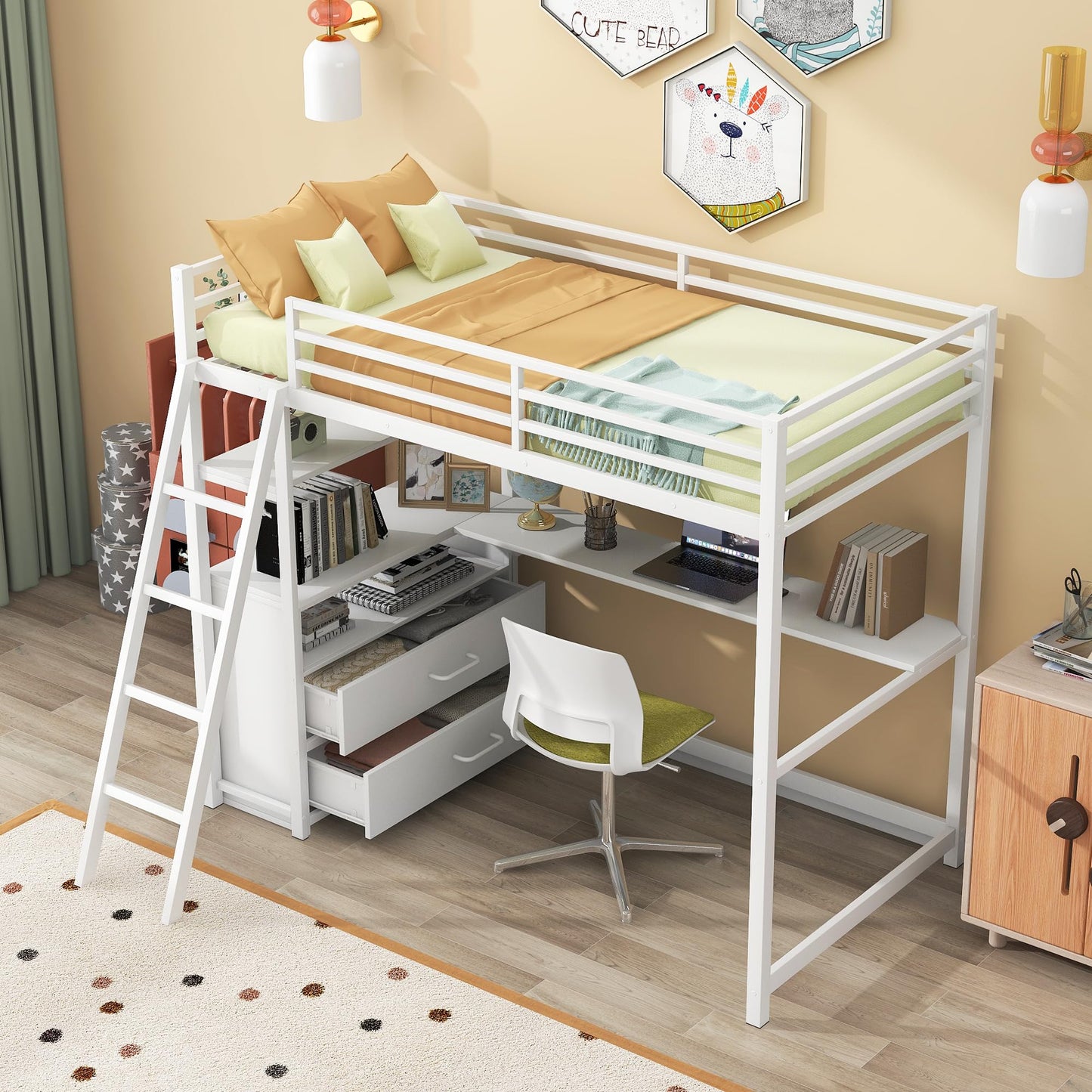 Bellemave Twin Loft Bed with Desk and Storage Drawers in White, Perfect for Kids and Teens - WoodArtSupply