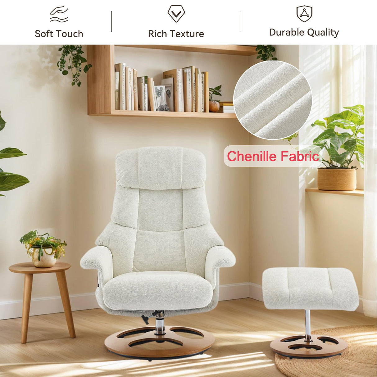 Chenille Swivel Recliner with Ottoman - Massage Recliner Chair with Heat & 360° Rotate, Swivel Stressless Reclining Chair with Ottoman & Remote-Control Massage, Manual Recliners for Bedroom (White) JCRRFLT