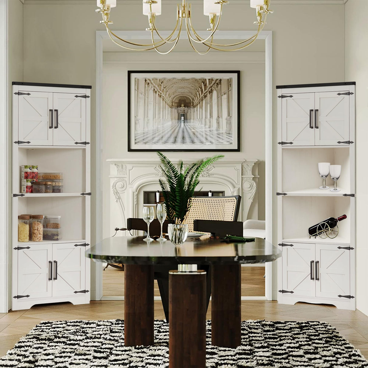 JXQTLINGMU Farmhouse Corner Cabinet, 67" Tall Corner Bathroom Storage Cabinet with 2 Barn Door & Adjustable Shelves for Kitchen, Dining Room, Living JXQTLINGMU