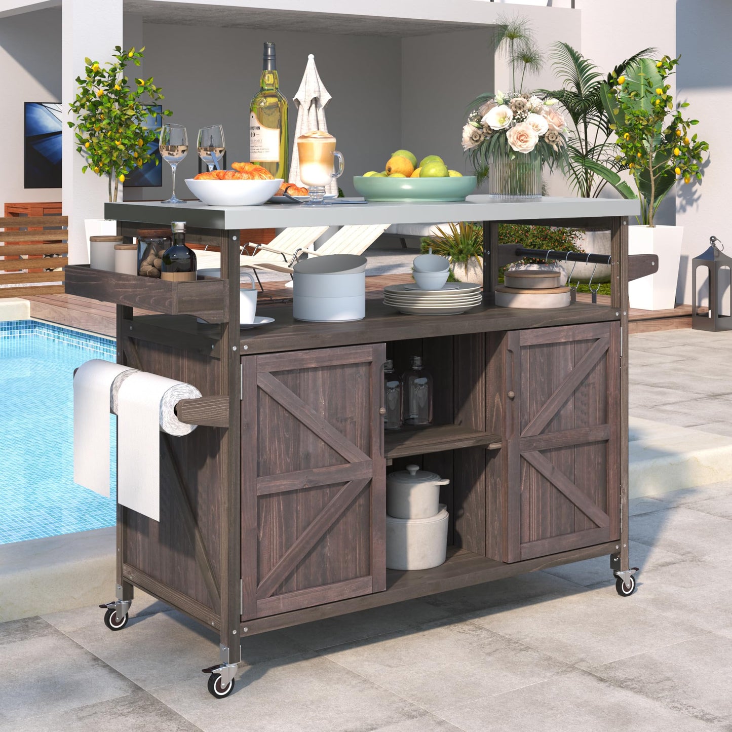 LZ LEISURE ZONE Large Outdoor Grill Table, Farmhouse Solid Wood Outdoor Kitchen Island Bar Table with Stainless Steel Top, Rolling Bar Cart with Storage Cabinet for Patio/Kitchen/Grill, Dark Brown