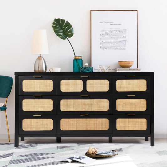 UHMUVFM 9 Drawer Dresser with Rattan Finish, Modern Farmhouse Chest of Drawers with Metal Handles, Accent Wood Storage Cabinet for Bedroom, Living Room and Kitchen (Black) - WoodArtSupply