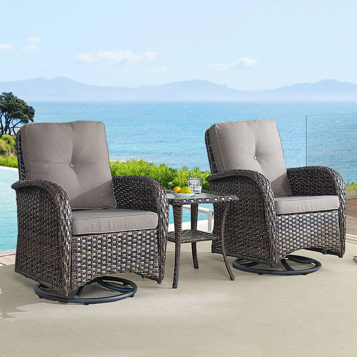HUMMUH 5-Piece Patio Furniture Wicker Outdoor Conversation Set,All-Weather Rattan Swivel Chairs Bistro Set with Loveseat Coffee Table for Backyard,Poolside,Deck(Brown/Grey) HUMMUH