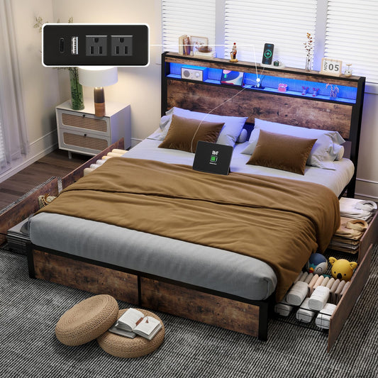 Anyhave King Size Bed Frame with Storage Drawers, Charging Station, and LED Headboard - WoodArtSupply