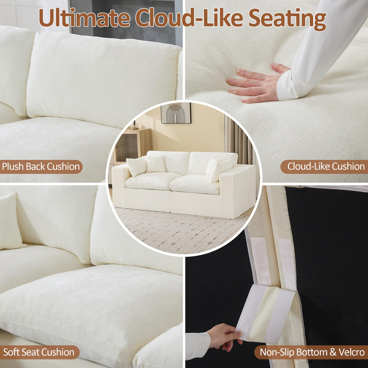 88''Cloud Boneless Sectional Couch, Modular Sectional Sofa Deep Seat, Upholstered Convertible Comfy Loveseat Chenille Memory Foam Sofa Couches for Living Room, Beige WUTUTUEE