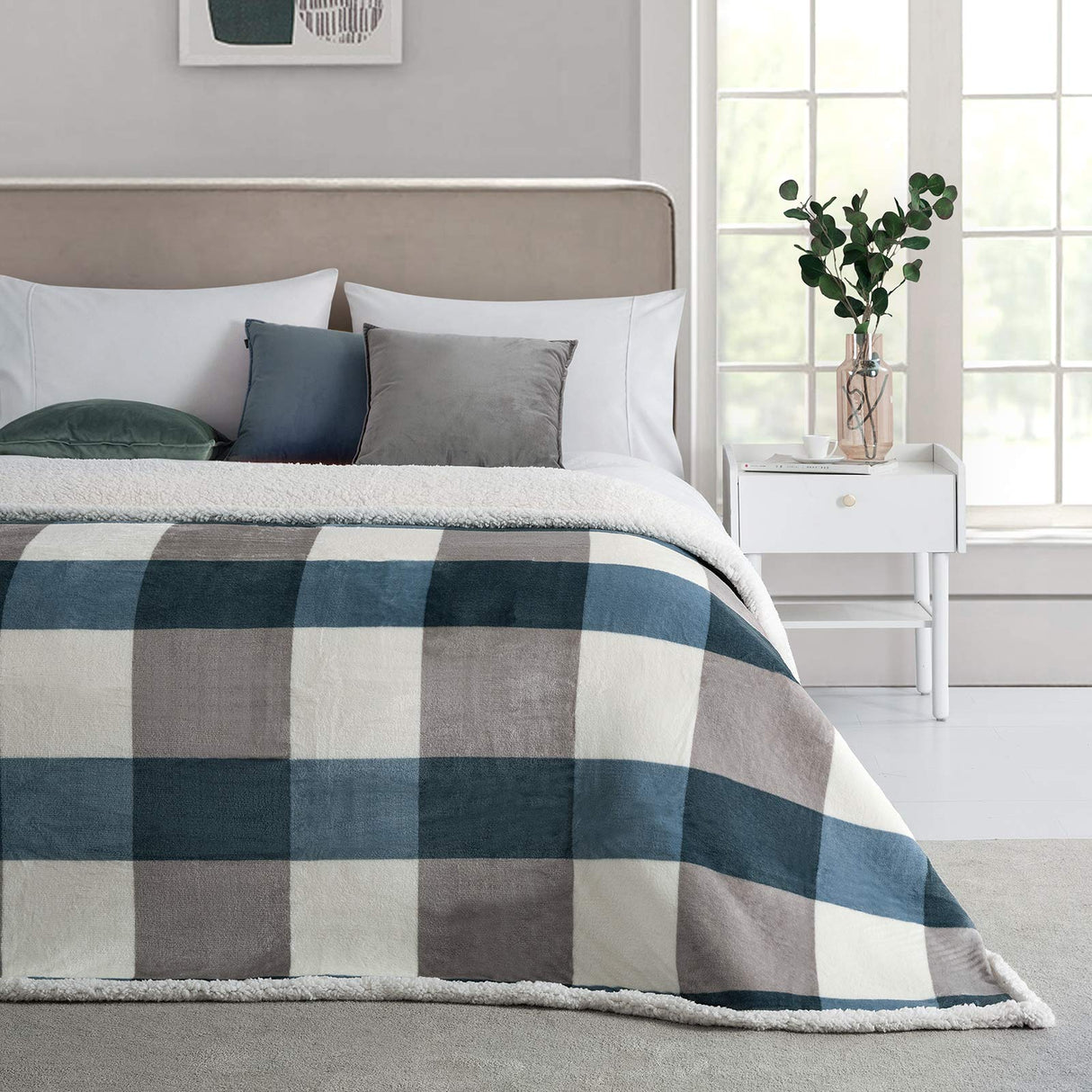 PU MEI Sherpa Fleece Throw Blanket 60" x 80" Reversible Plush Fluffy Large Big Blanket Lattice Flannel Blankets for Sofa Couch Bed (Grey-Soft Blue, 60"*80") PU MEI