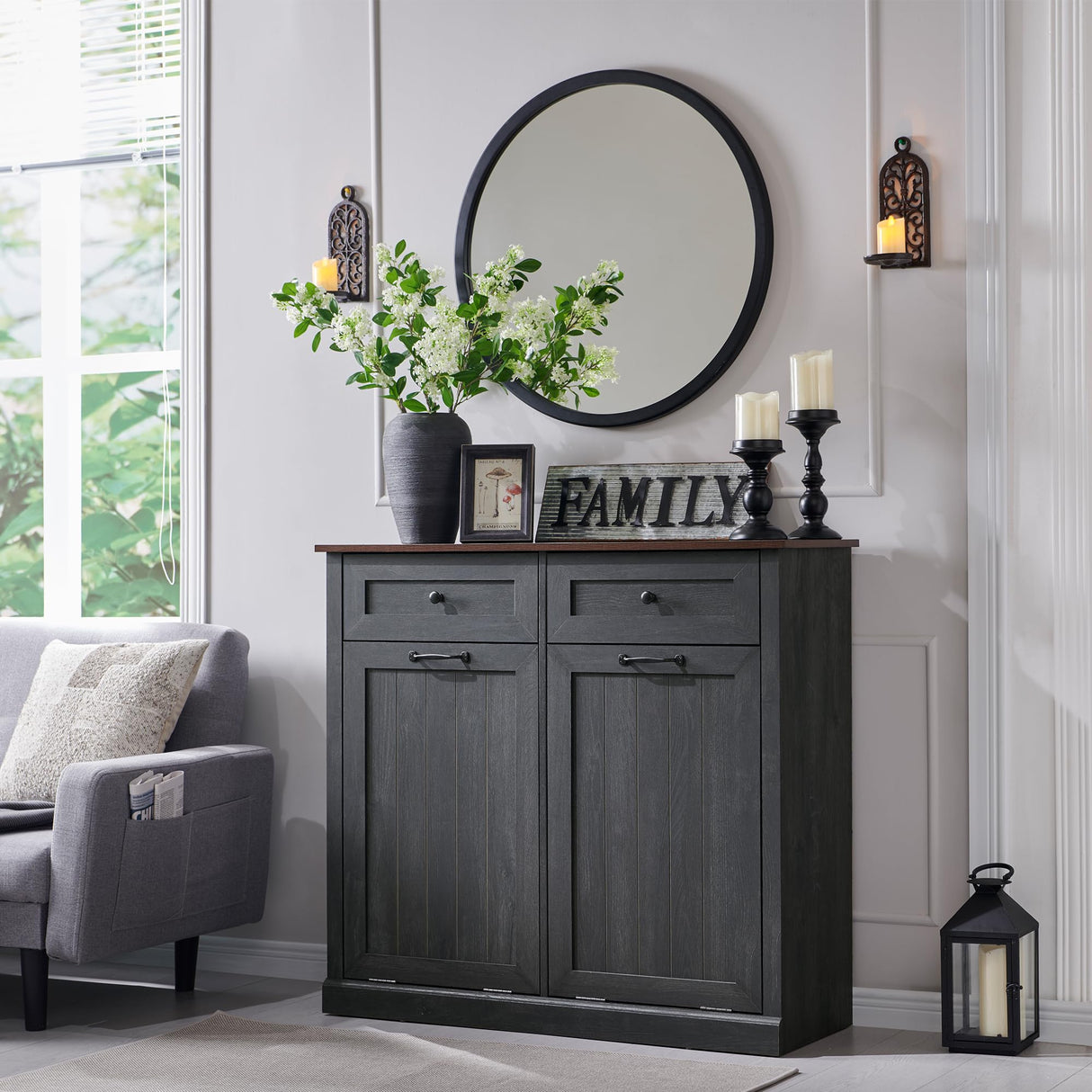 IFGET Double Tilt Out Trash Cabinet, Dog Proof Trash Can Cabinet, Farmhouse Hidden Laundry Hamper Cabinet with Barn Door, 10 Gallon Garbage Can Bin Cabinet with Storage Basket for Kitchen (Dark Grey) IFGET